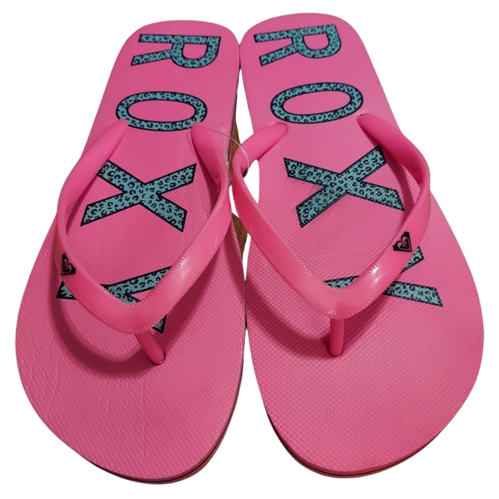Roxy Starfish V Pink/Gray Leopard Logo Flip Flops NWOT